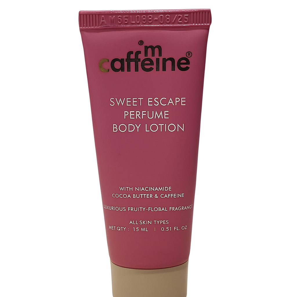 mCaffeine Sweet Escape Perfume Body Lotion 15ml - travel size tube with niacinamide, cocoa butter and caffeine