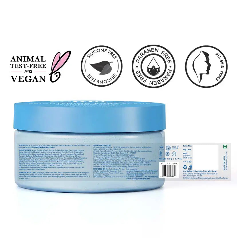 mCaffeine By The Blues Brightening Body Scrub 175 g - back label with ingredients alongside PETA vegan and paraben free badges
