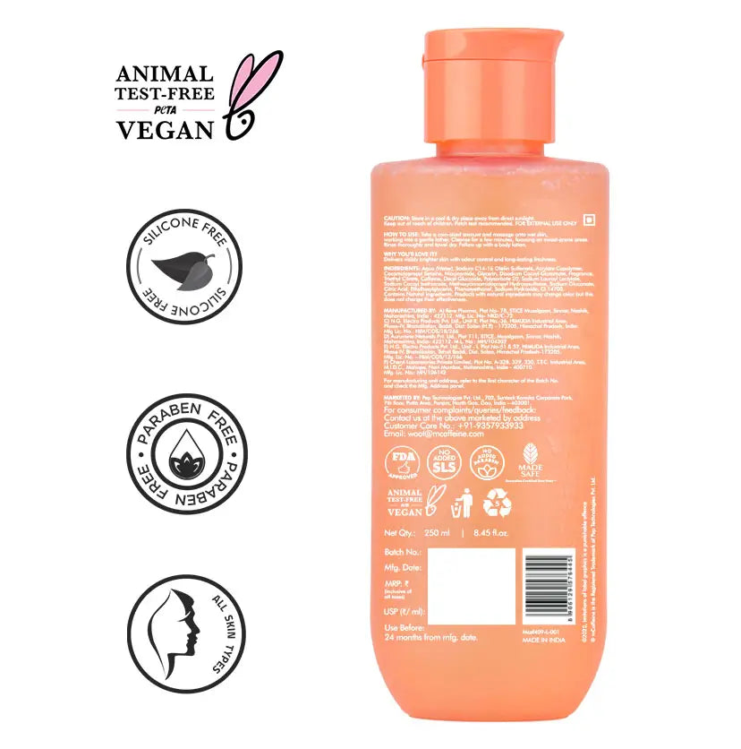 mCaffeine Island Fresh Triple Action Deo Body Wash 250 ml - back label with ingredients alongside PETA vegan and paraben free badges