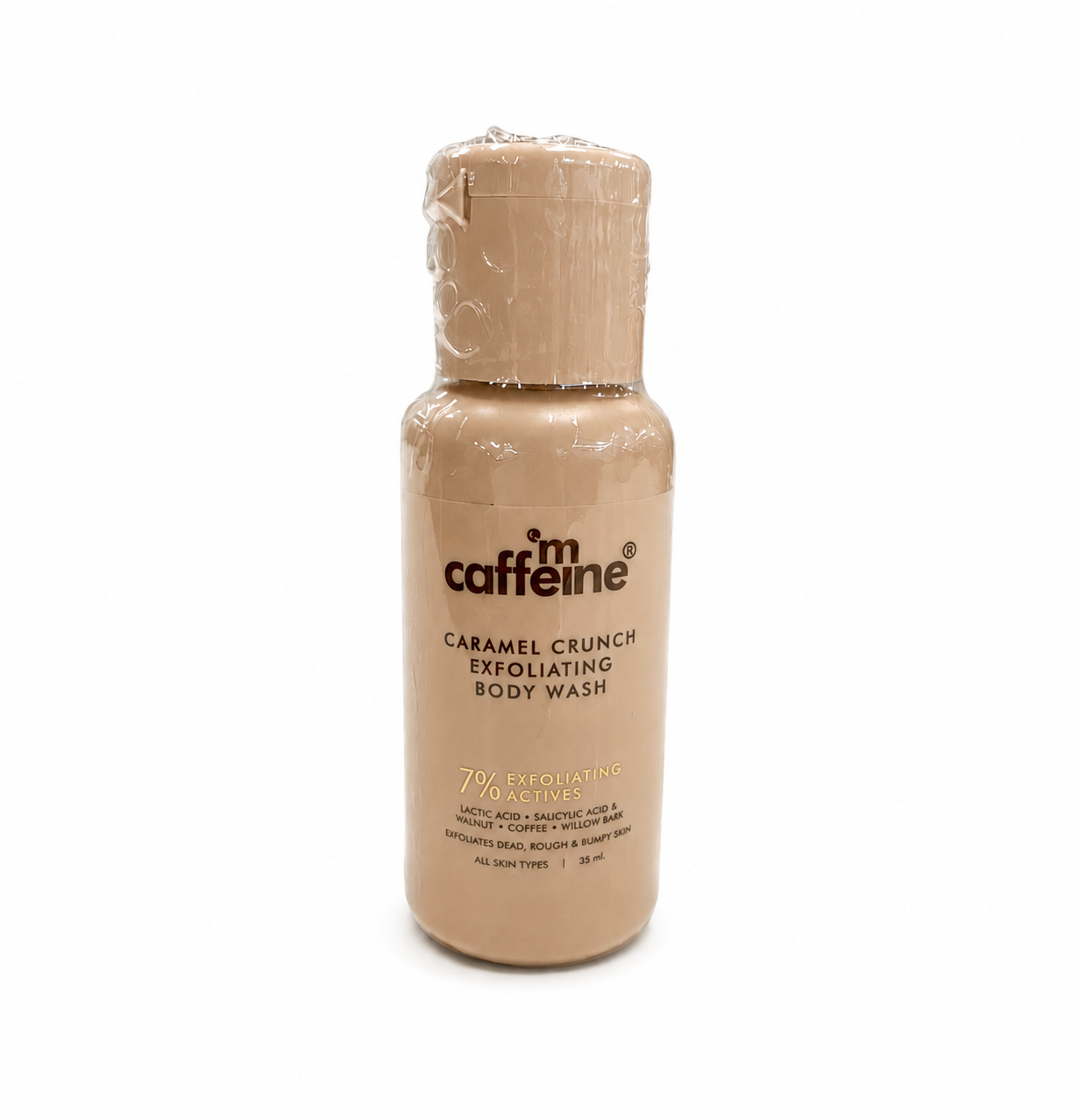 mCaffeine Caramel Crunch Exfoliating Body Wash 25ml - 7% blend of salicylic acid, lactic acid and willow bark - travel size bottle with 7% exfoliating actives