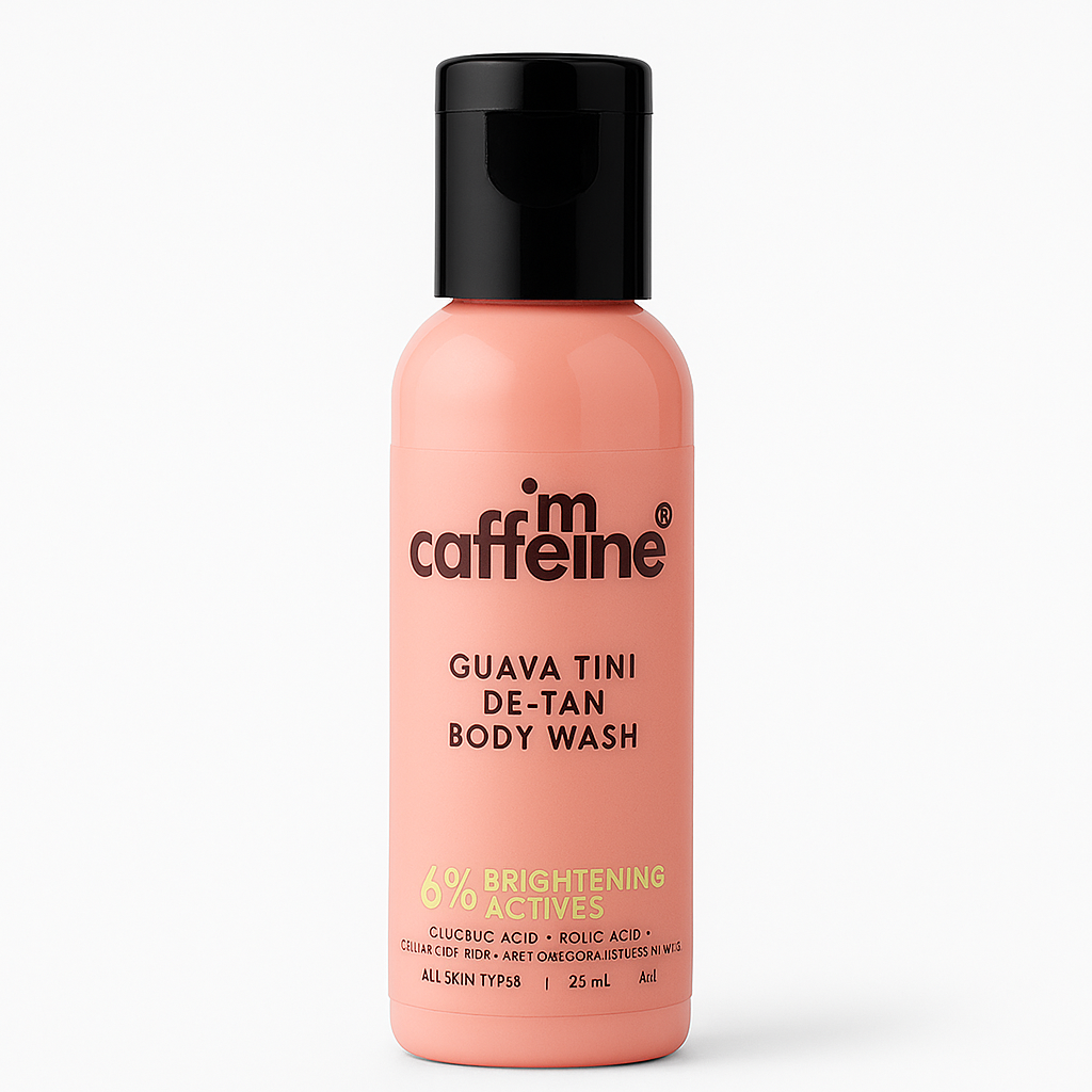 mCaffeine Guava Tini De-Tan Body Wash 25ml - 6% blend of glycolic acid, niacinamide and kojic acid - travel size bottle with 6% brightening actives