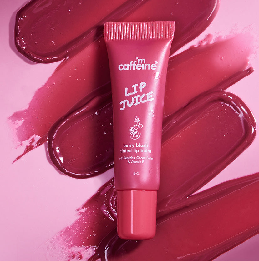 mCaffeine Lip Juice Tinted Lip Balm Berry Blush 10g - pink tube on berry coloured balm swatches