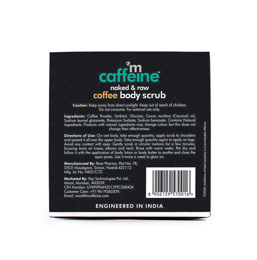 mCaffeine Naked and Raw Coffee Body Scrub 100 g - back of carton with ingredients, directions of use and barcode