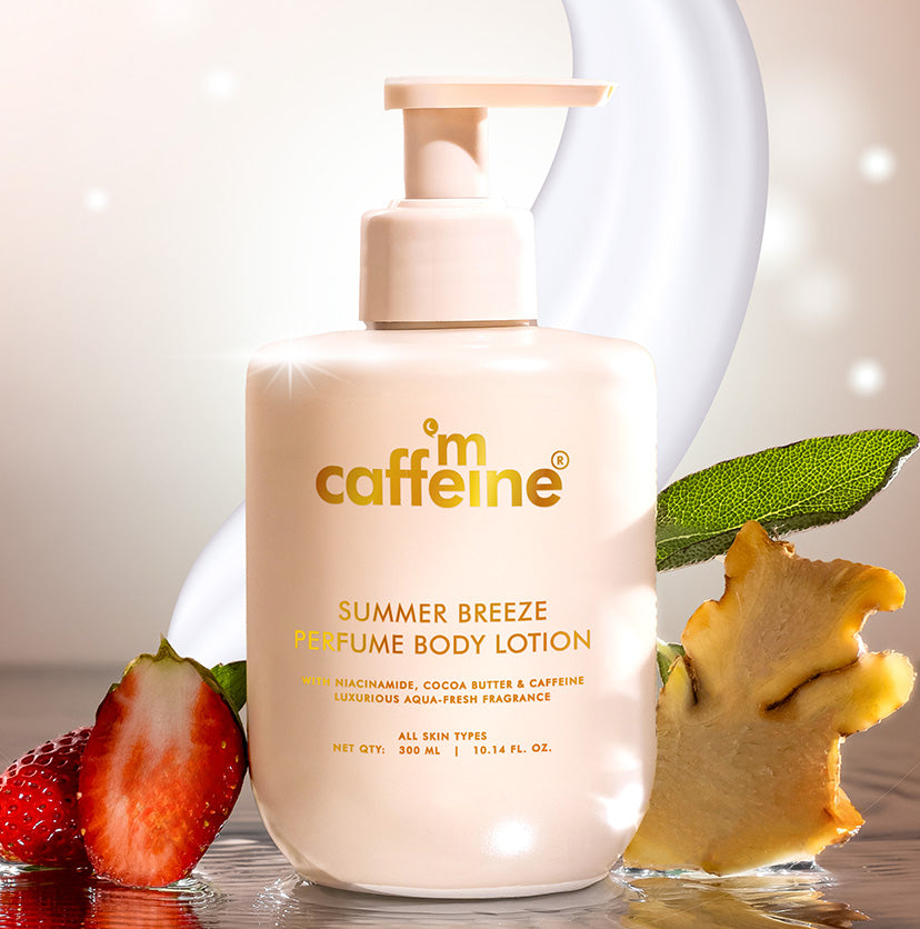 mCaffeine Summer Breeze Perfume Body Lotion 300ml - niacinamide, cocoa butter and caffeine - cream pump bottle with strawberry, sage and ginger