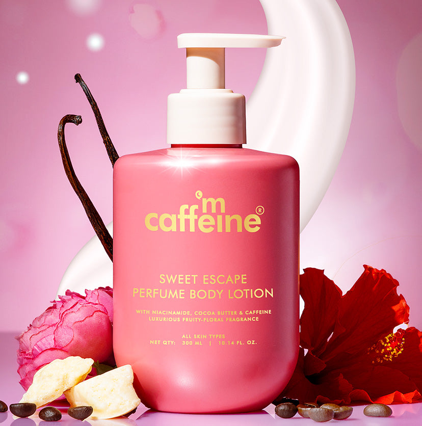 mCaffeine Sweet Escape Perfume Body Lotion 300ml - niacinamide, cocoa butter and caffeine - pink pump bottle with hibiscus, vanilla and cocoa butter