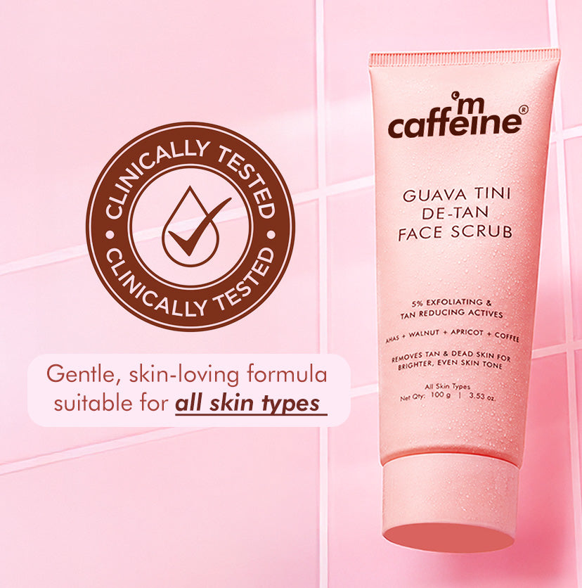 mCaffeine Guava Tini De-Tan Face Scrub 100gm - 5% actives of AHAs, walnut and apricot - clinically tested badge, gentle formula for all skin types