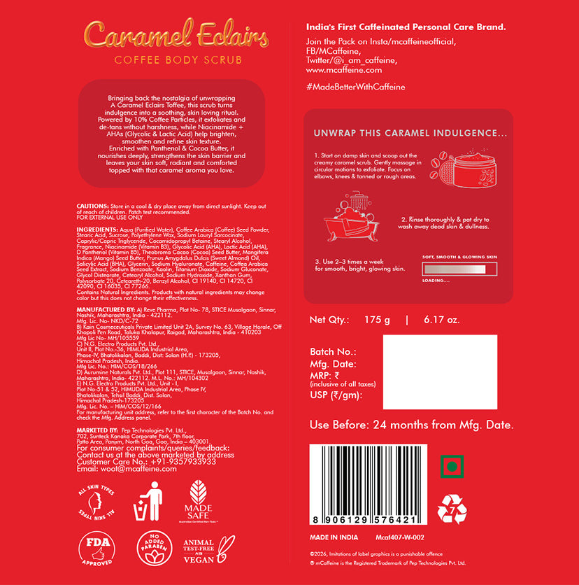 mCaffeine Caramel Eclairs Coffee Body Scrub 175 g - back of carton with ingredients, directions and certification marks