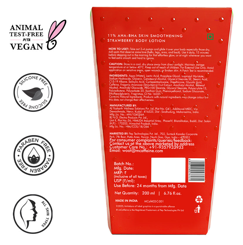 mCaffeine 11% AHA BHA Strawberry Body Lotion 200 ml - back of carton with ingredients alongside PETA vegan and paraben free badges