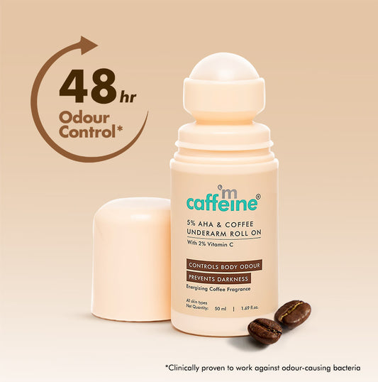 5% AHA Underarm Roll On with Coffee| For 48H Odour Control & Dark Underarms | Alcohol & Aluminum Free - 50ml
