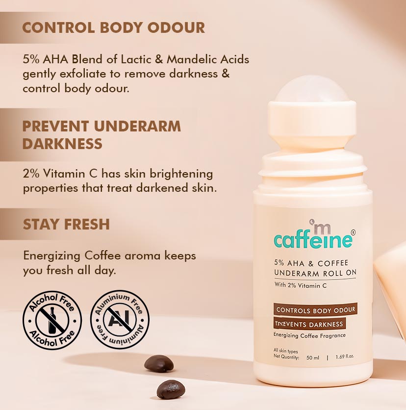5% AHA Underarm Roll On with Coffee| For 48H Odour Control & Dark Underarms | Alcohol & Aluminum Free - 50ml