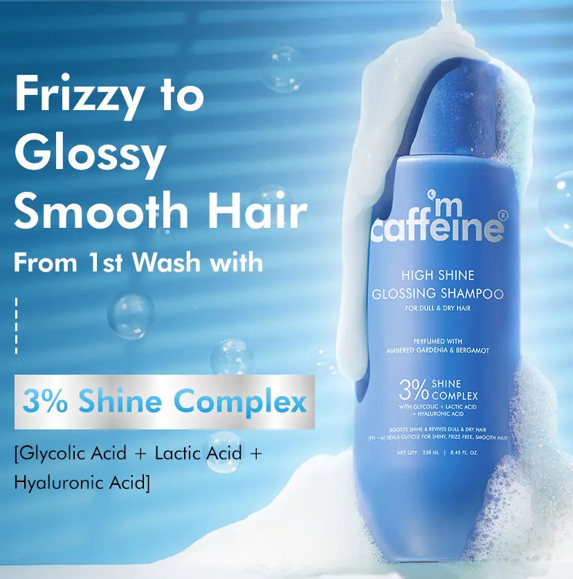 mCaffeine High Shine Glossing Shampoo 250 ml - 3% shine complex panel with the bottle in lather and bubbles