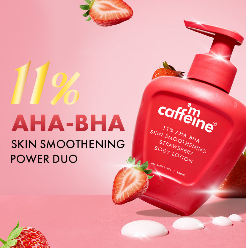 mCaffeine 11% AHA BHA Skin Smoothening Strawberry Body Lotion 200 ml - power duo banner with the tilted red bottle and strawberries
