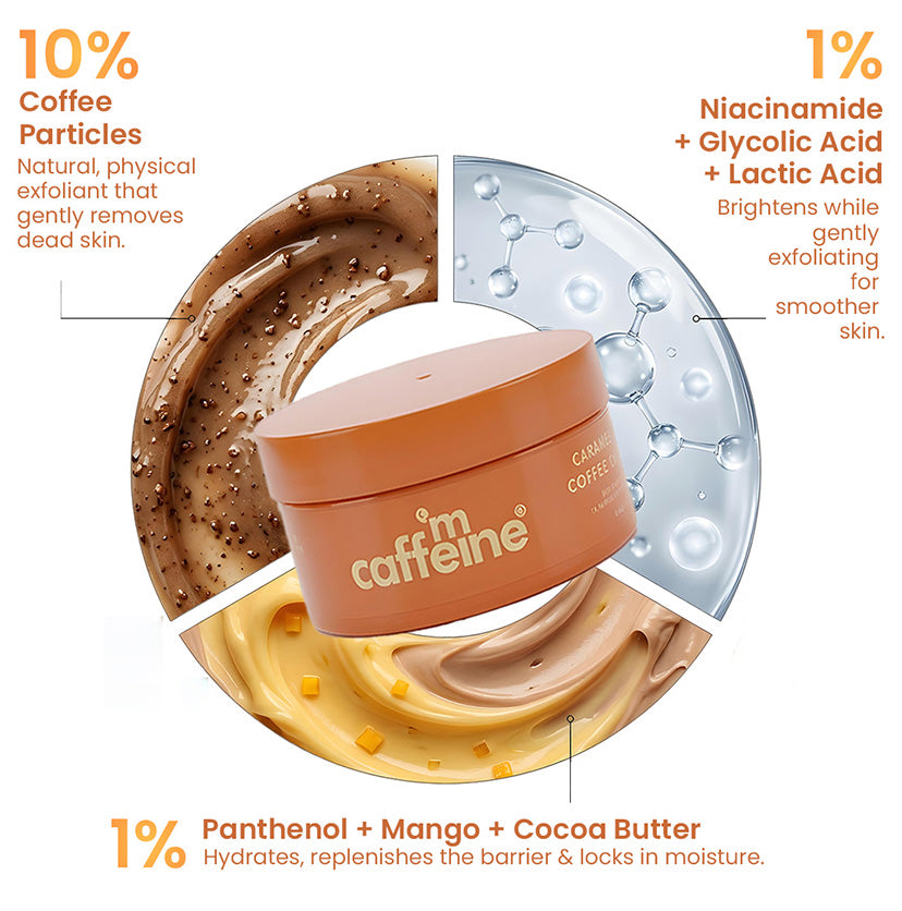 mCaffeine Caramel Eclairs Coffee Body Scrub 175 g - ingredient wheel for coffee particles, niacinamide with AHAs and panthenol with cocoa butter
