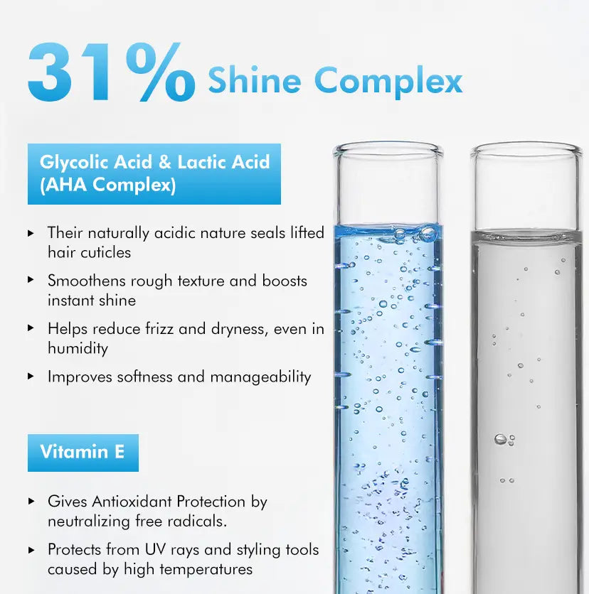 mCaffeine High Shine Perfector Hair Spray 100 ml - shine complex panel for the AHA blend and vitamin E beside test tubes