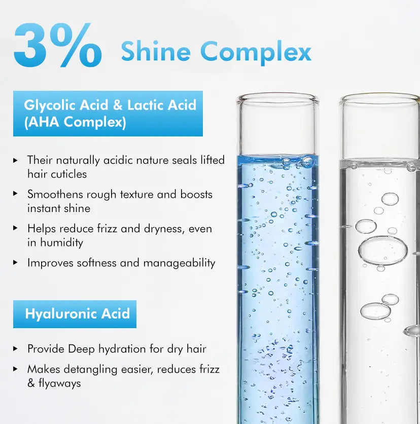 mCaffeine High Shine Glossing Shampoo 250 ml - shine complex panel for the AHA blend and hyaluronic acid beside test tubes