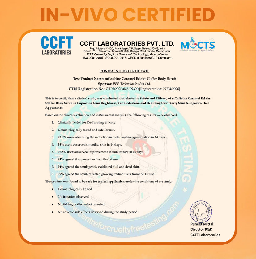 mCaffeine Caramel Eclairs Coffee Body Scrub 175 g - third-party in-vivo clinical study certificate