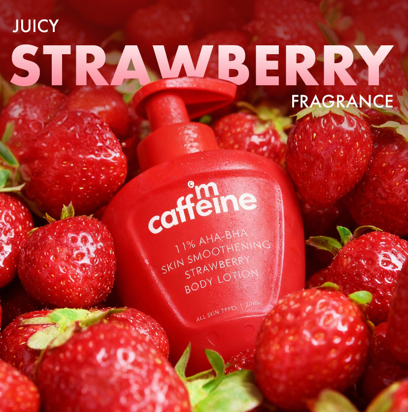 mCaffeine 11% AHA BHA Strawberry Body Lotion 200 ml - strawberry fragrance visual with the bottle among fresh strawberries