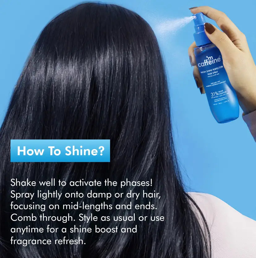 mCaffeine High Shine Perfector Hair Spray 100 ml - usage panel with the spray being misted over long dark hair