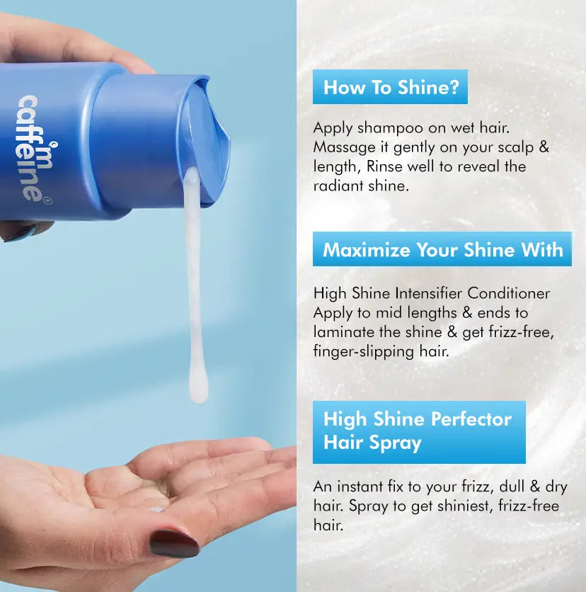 mCaffeine High Shine Glossing Shampoo 250 ml - usage panel with shampoo poured from the bottle into a palm