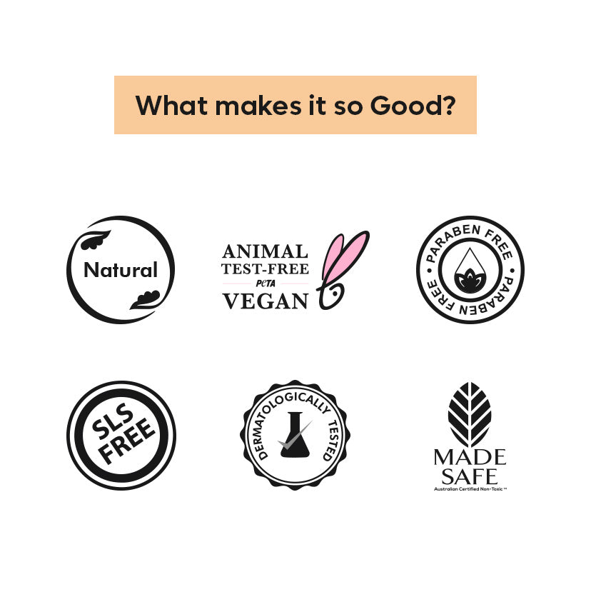 mCaffeine certification badges: natural, PETA vegan, paraben free, SLS free, dermatologically tested, Made Safe