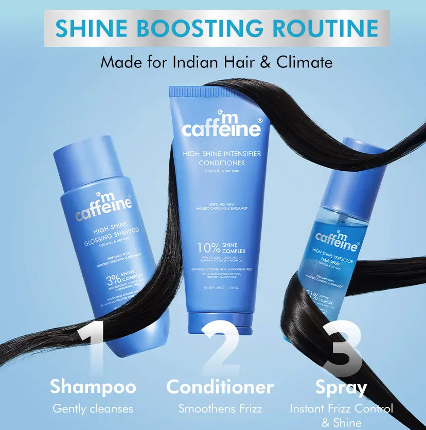 mCaffeine High Shine hair routine - glossing shampoo, intensifier conditioner and perfector hair spray as a three-step shine routine