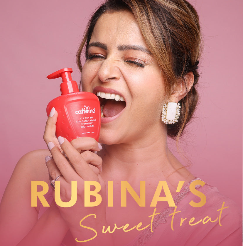 mCaffeine 11% AHA BHA Strawberry Body Lotion 200 ml - brand ambassador holding the bottle in a Rubina's Sweet Treat campaign visual