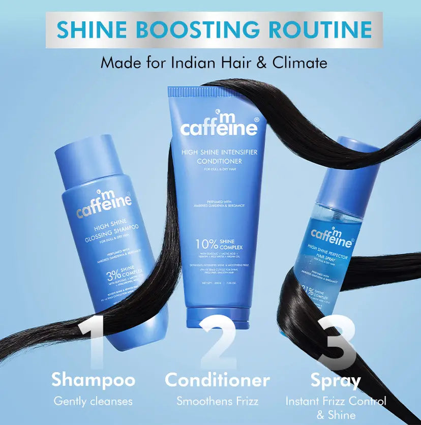 mCaffeine High Shine hair routine - glossing shampoo, intensifier conditioner and perfector hair spray as a three-step shine routine