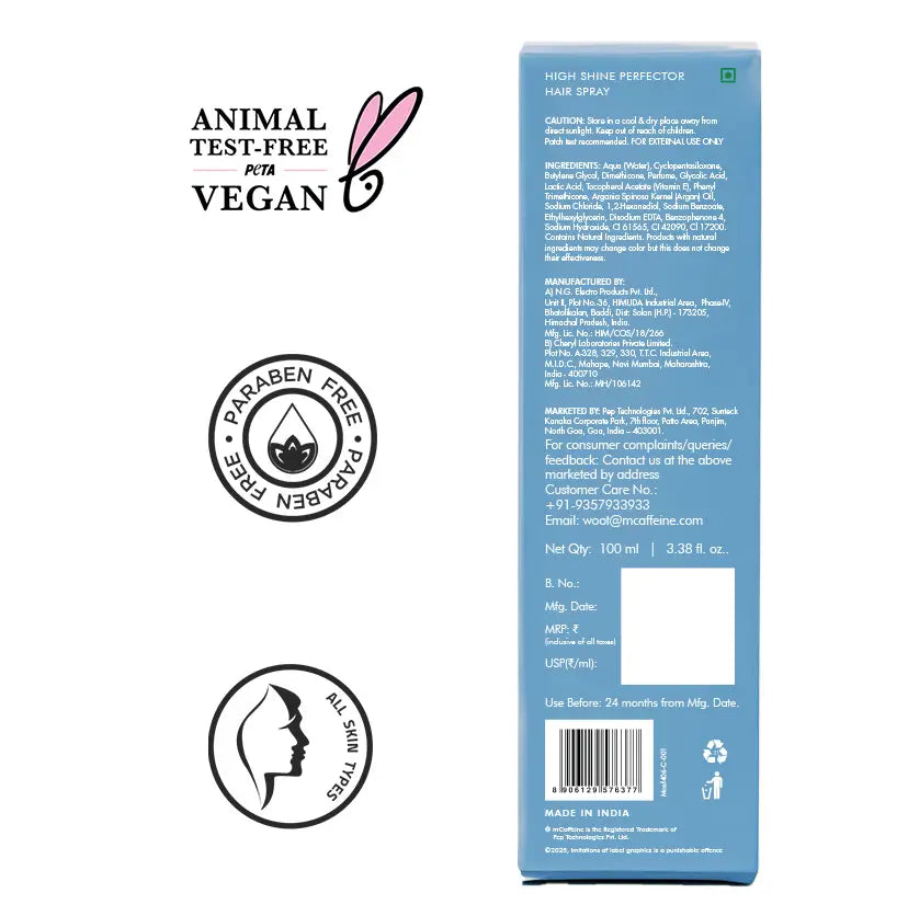 mCaffeine High Shine Perfector Hair Spray 100 ml - back of carton with ingredients alongside PETA vegan and paraben free badges