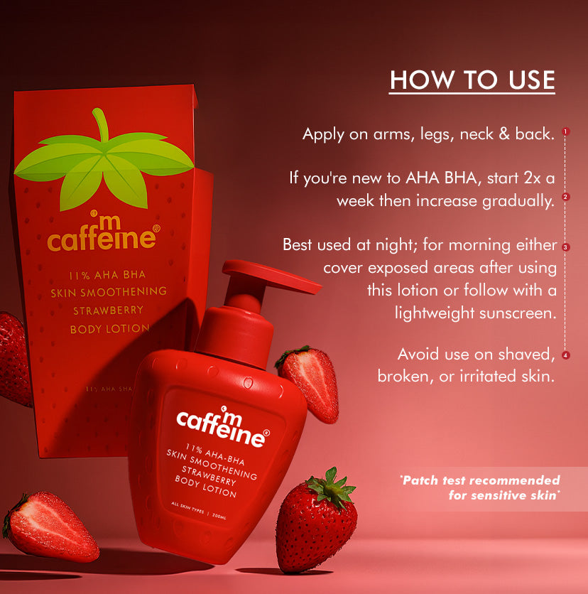 mCaffeine 11% AHA BHA Strawberry Body Lotion 200 ml - how to use panel beside the carton and bottle with strawberries