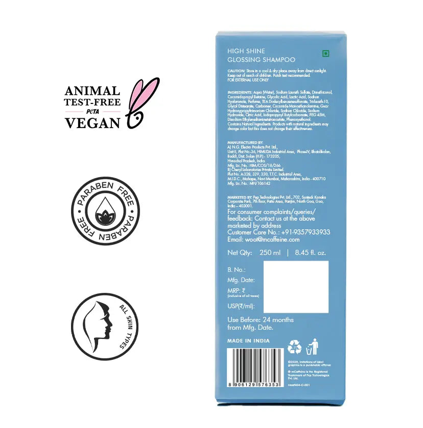 mCaffeine High Shine Glossing Shampoo 250 ml - back of carton with ingredients alongside PETA vegan and paraben free badges