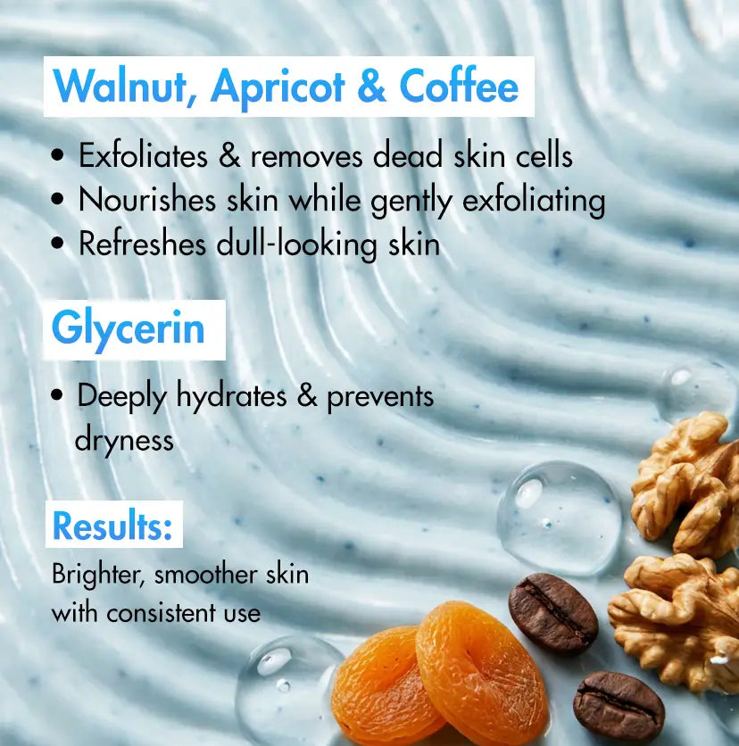 mCaffeine By The Blues Brightening Body Scrub 175 g - ingredient panel for walnut, apricot, coffee and glycerin with the raw ingredients