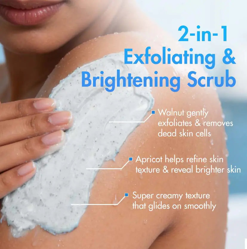 mCaffeine By The Blues Brightening Body Scrub 175 g - two-in-one panel with the scrub spread across a shoulder