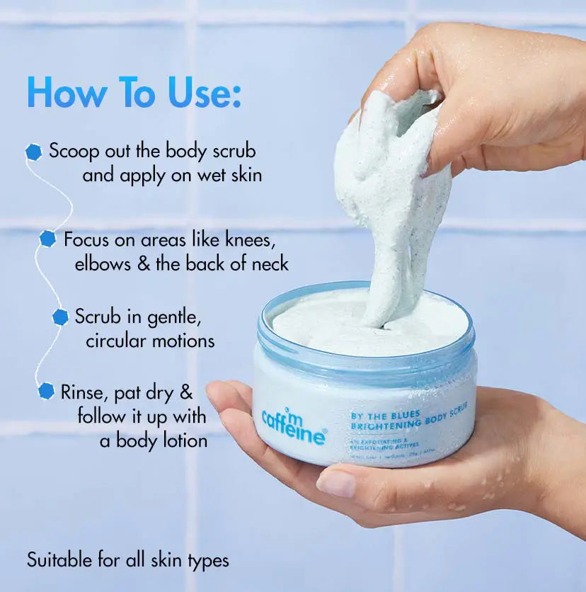 mCaffeine By The Blues Brightening Body Scrub 175 g - how to use panel with hands scooping scrub from the tub