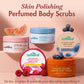 mCaffeine perfumed body scrub range - Guava Tini de-tan, By the Blues, Blueberry Breeze and Caramel Eclairs tubs together