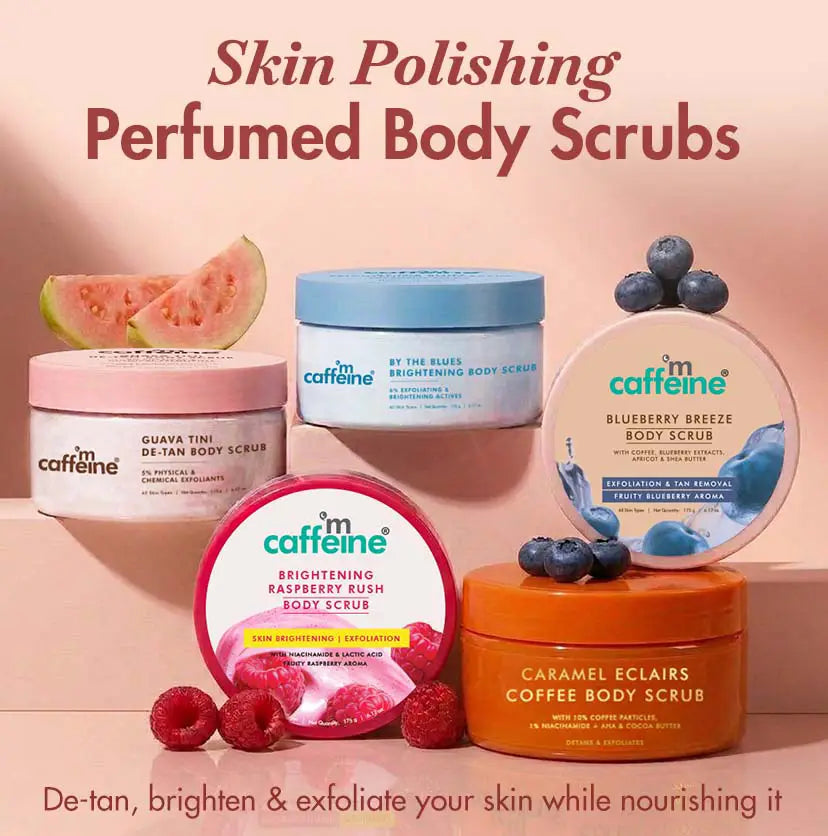 mCaffeine perfumed body scrub range - Guava Tini de-tan, By the Blues, Blueberry Breeze and Caramel Eclairs tubs together