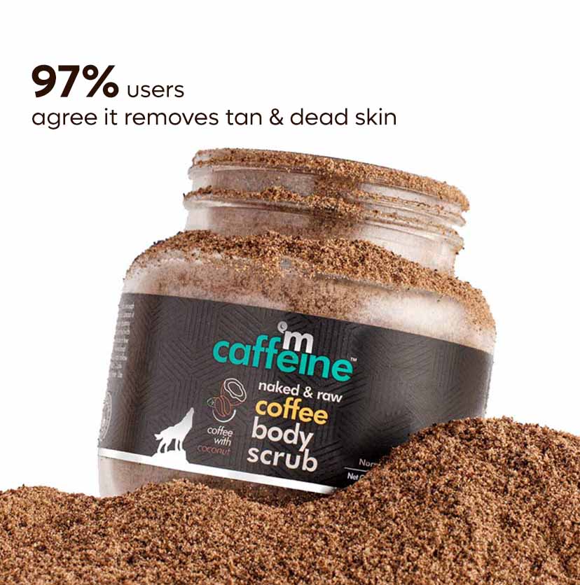 mCaffeine Coffee Body Scrub 100 g - caffeine and coconut oil - open jar in loose coffee grounds with 97% of users agree claim