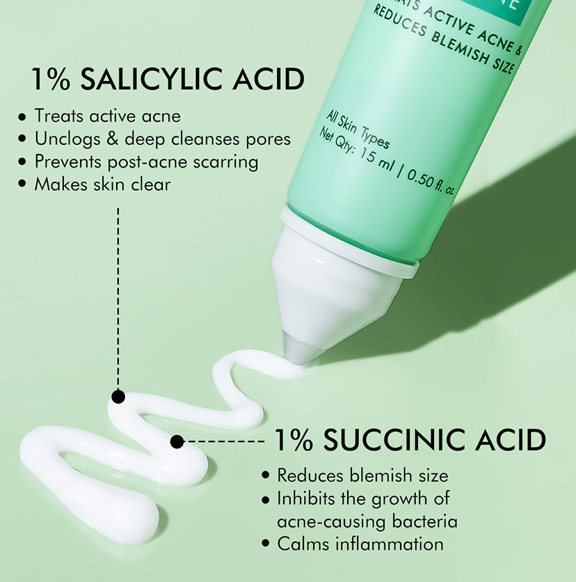 1% Salicylic Acid 1% Succinic Acid & Matcha Tea Acne Arrest Spot Corrector | Treats Active Acne - 15 ml