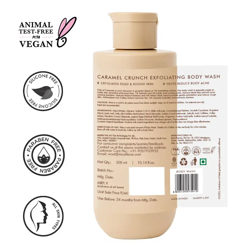 mCaffeine Caramel Crunch Exfoliating Body Wash 300 ml - back label with ingredients alongside PETA vegan, silicone free and paraben free badges