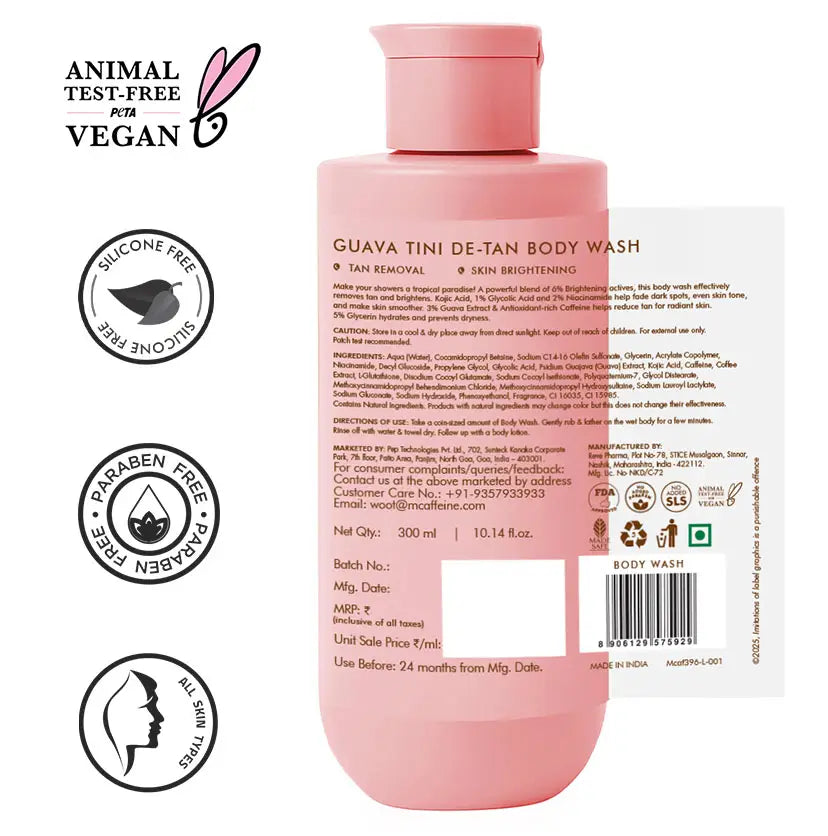 mCaffeine Guava Tini De-Tan Body Wash 300 ml - back label with ingredients alongside PETA vegan, silicone free and paraben free badges