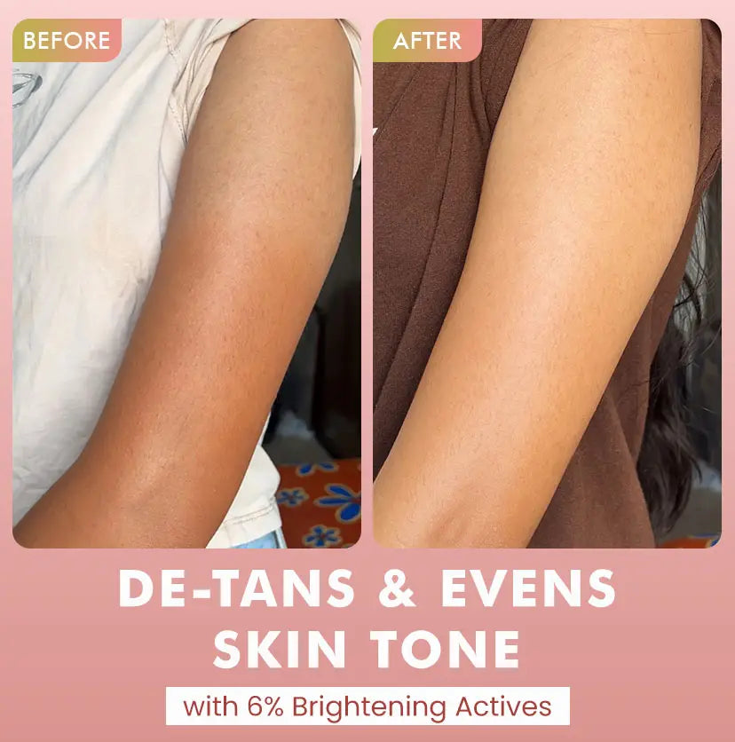 mCaffeine Guava Tini De-Tan Body Wash 300 ml - before and after arm comparison with the 6% brightening actives callout
