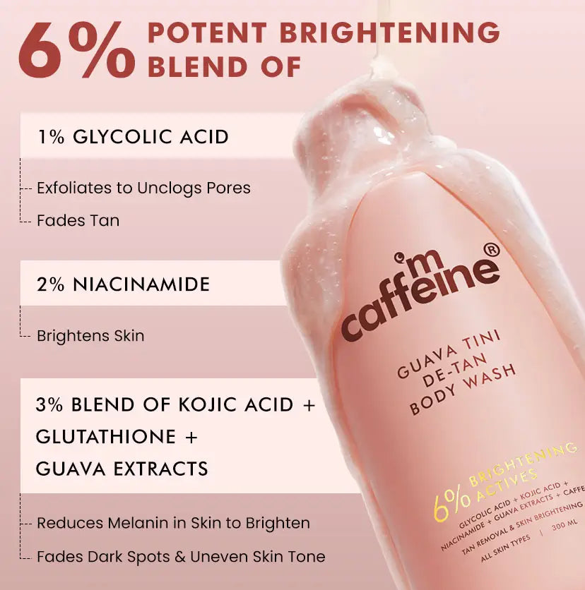 mCaffeine Guava Tini De-Tan Body Wash 300 ml - blend panel for 1% glycolic acid, 2% niacinamide and a 3% kojic acid, glutathione and guava blend