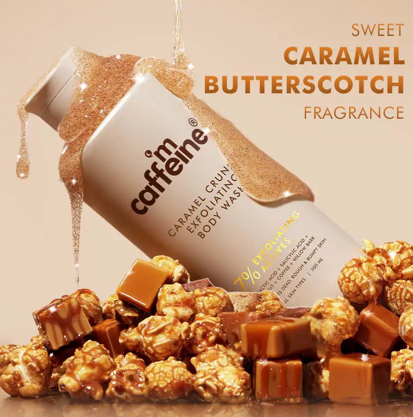 mCaffeine Caramel Crunch Exfoliating Body Wash 300 ml - caramel butterscotch fragrance visual with caramel pouring over popcorn