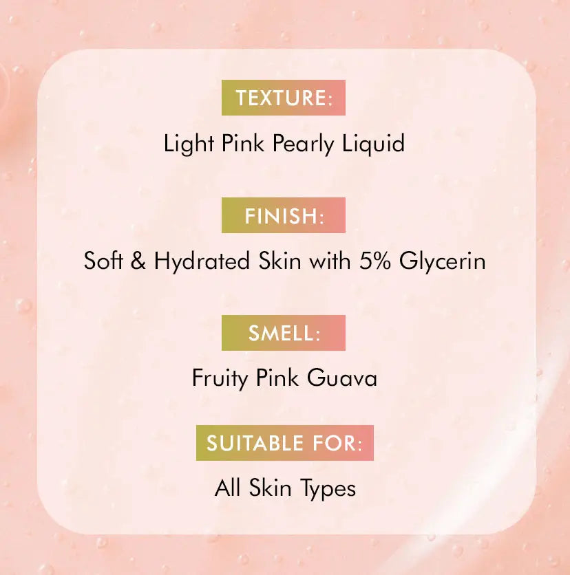 mCaffeine Guava Tini De-Tan Body Wash 300 ml - texture, finish, fragrance and suitability panel with 5% glycerin noted