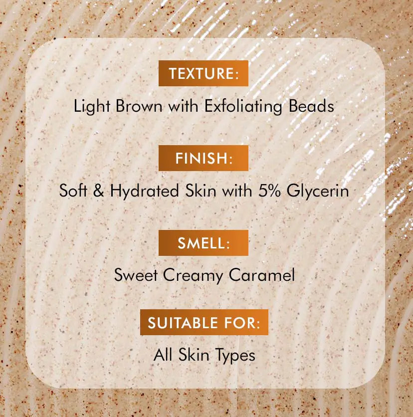 mCaffeine Caramel Crunch Exfoliating Body Wash 300 ml - texture, finish, fragrance and suitability panel with 5% glycerin noted