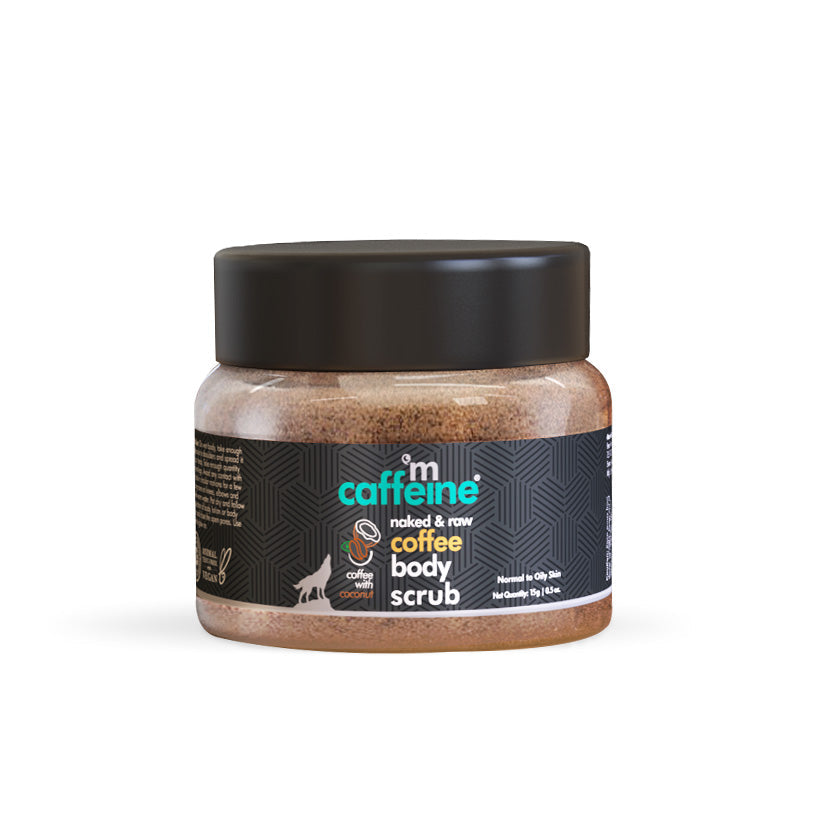 mCaffeine Coffee Body Scrub 15g - caffeine and coconut oil - travel size jar of coffee body scrub on white