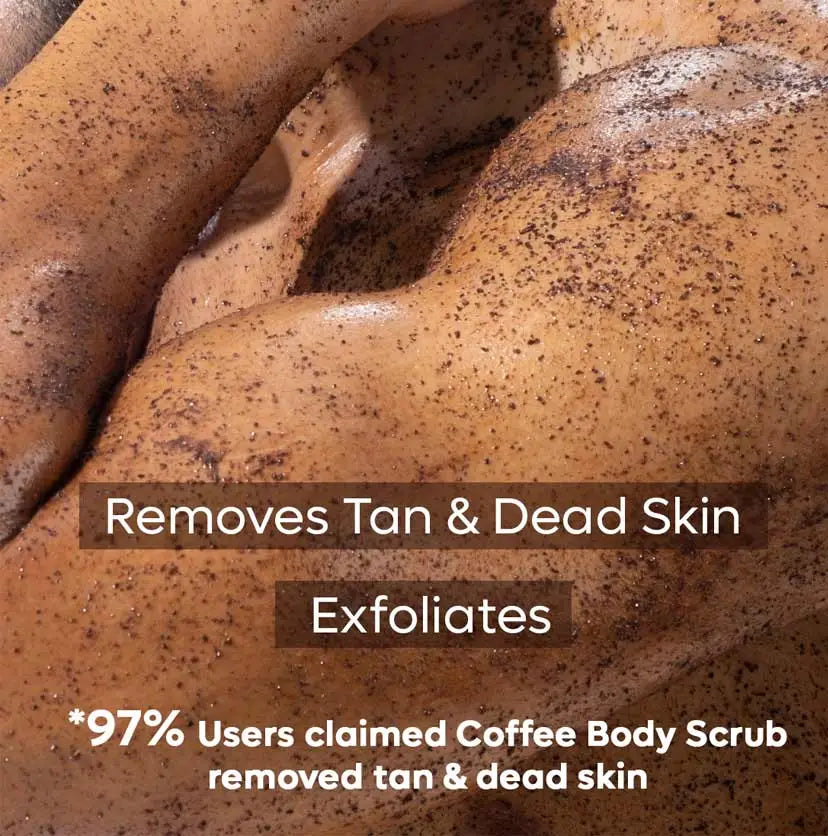 mCaffeine Coffee Body Scrub 100 g - coffee with coconut oil - close-up of the grainy scrub massaged across a shoulder and back