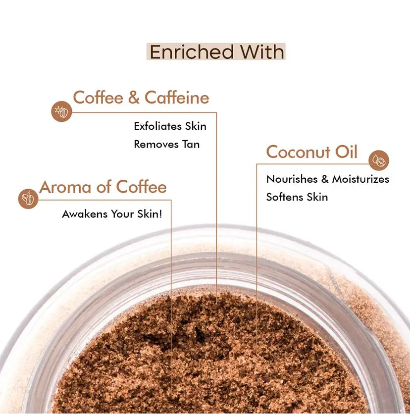 mCaffeine Coffee Body Scrub 100 g - enriched with coffee, caffeine and coconut oil - ingredient panel over an open jar of scrub