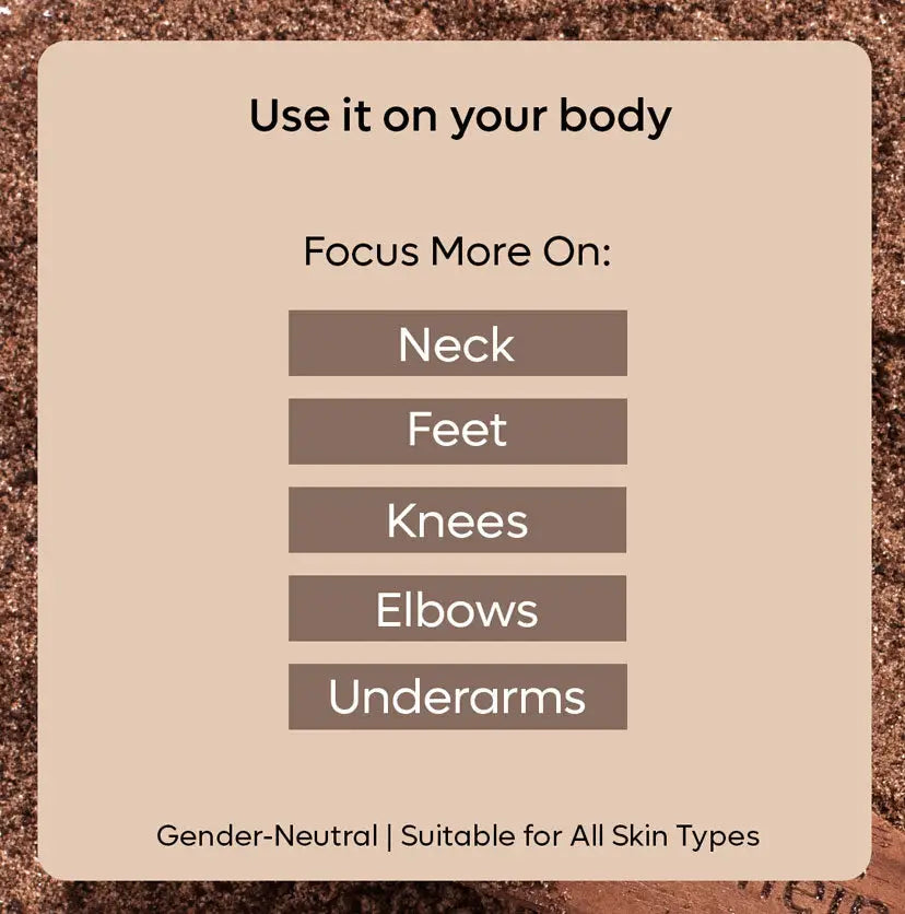 mCaffeine Coffee Body Scrub 100 g - application areas panel listing neck, feet, knees, elbows and underarms