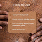 mCaffeine Coffee Body Scrub 100 g - how to use panel with four steps over hands massaging the scrub on skin