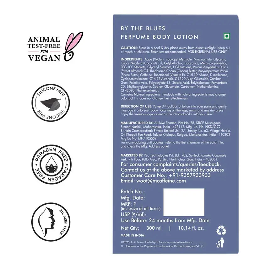 mCaffeine By the Blues Perfume Body Lotion 300 ml - back label with ingredients alongside PETA vegan, silicone free and paraben free badges